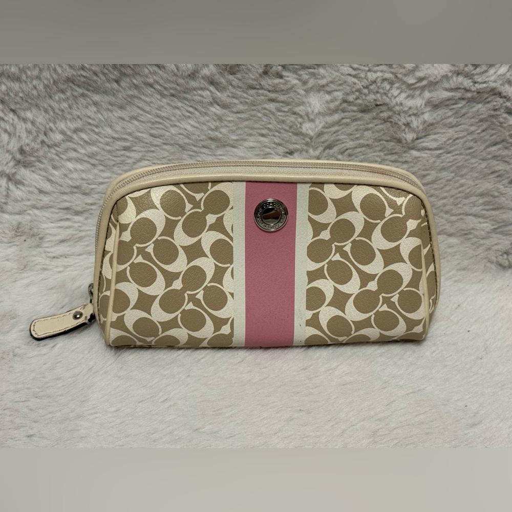 Coach Beige Signature Cosmetic Case with Pink Center Stripe